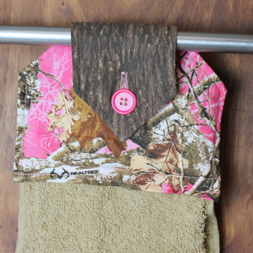 CAMOUFLAGE  HAND TOWEL PINK & TAN HANDMADE HANGING KITCHEN TAN COTTON TOWEL